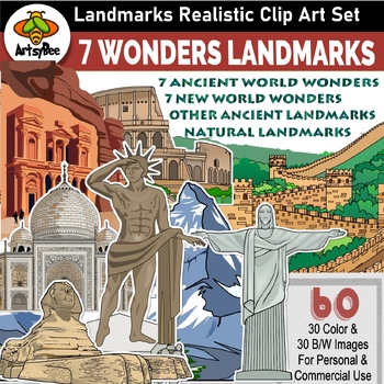 Preview of 7 Wonders of the World Landmarks - 60 Realistic Clip Art images - Color & BW