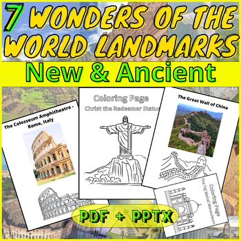 Preview of 7 Wonders of the World Landmarks - Coloring Pages Ancient & New + PPTX + PDF