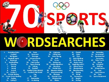 Preview of 70 x Sports Wordsearches PE Fitness Health Starter Settler Activity Homework