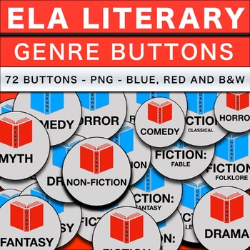 Preview of 72 ELA Genre Buttons in PNG Format Red, Blue and B&W
