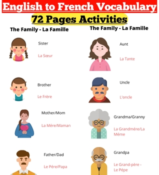 Preview of 72 English to French Vocabulary | French words + Activity pages + coloring pages
