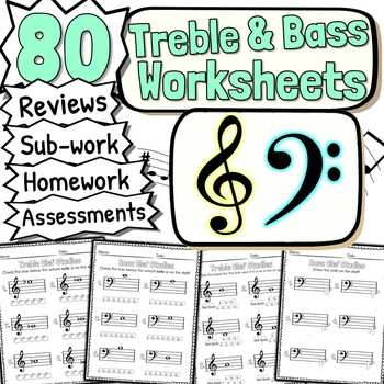 Preview of 80 Treble And Bass Clef Worksheets | Tests Quizzes Homework Reviews or Sub Work!