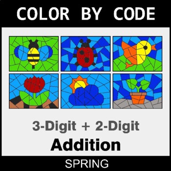 Spring: 3-Digit + 2-Digit Addition - Coloring Worksheets | Color by Code