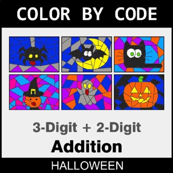 Halloween: 3-Digit + 2-Digit Addition - Coloring Worksheets | Color by Code