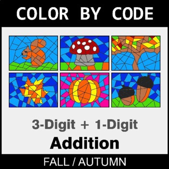 Fall: 3-Digit + 1-Digit Addition - Coloring Worksheets | Color by Code