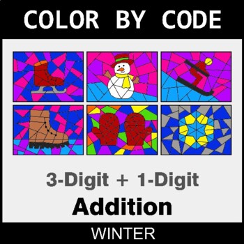 Winter: 3-Digit + 1-Digit Addition - Coloring Worksheets | Color by Code