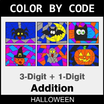 Halloween: 3-Digit + 1-Digit Addition - Coloring Worksheets | Color by Code