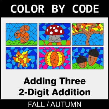 Fall: Adding Three 2-Digit Addition - Coloring Worksheets | Color by Code