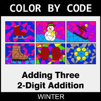 Winter: Adding Three 2-Digit Addition - Coloring Worksheets | Color by Code