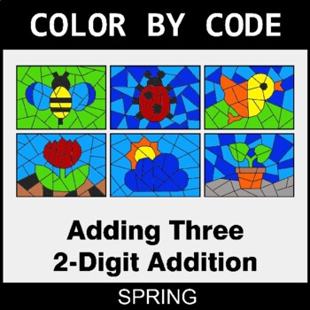 Spring: Adding Three 2-Digit Addition - Coloring Worksheets | Color by Code