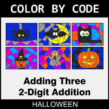 Halloween: Adding Three 2-Digit Addition - Coloring Worksheets | Color by Code