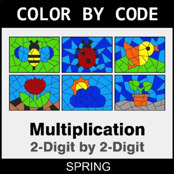 Spring: Multiplication: 2-Digit by 2-Digit - Coloring Worksheets | Color by Code