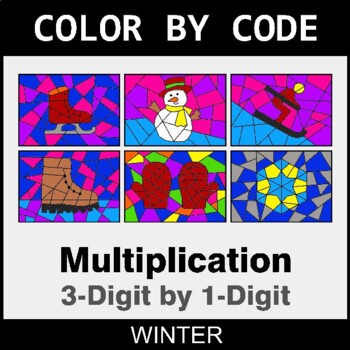 Winter: Multiplication: 3-Digit by 1-Digit - Coloring Worksheets | Color by Code