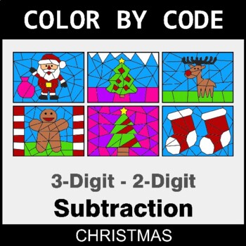 Christmas: Subtraction: 3-Digit - 2-Digit - Coloring Worksheets | Color by Code