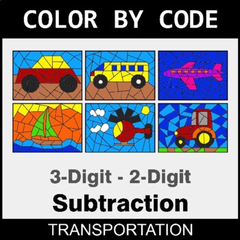 Subtraction: 3-Digit - 2-Digit - Coloring Worksheets | Color by Code