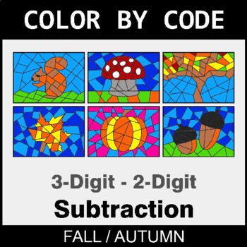 Fall: Subtraction: 3-Digit - 2-Digit - Coloring Worksheets | Color by Code