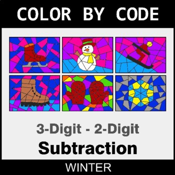 Winter: Subtraction: 3-Digit - 2-Digit - Coloring Worksheets | Color by Code
