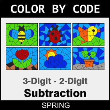 Spring: Subtraction: 3-Digit - 2-Digit - Coloring Worksheets | Color by Code