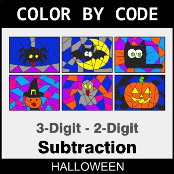 Halloween: Subtraction: 3-Digit - 2-Digit - Coloring Worksheets | Color by Code