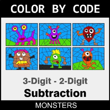 Subtraction: 3-Digit - 2-Digit - Coloring Worksheets | Color by Code