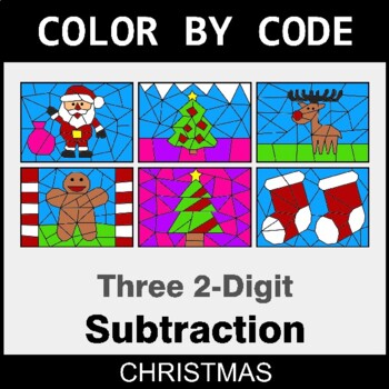 Christmas: Three 2-Digit Subtraction - Coloring Worksheets | Color by Code