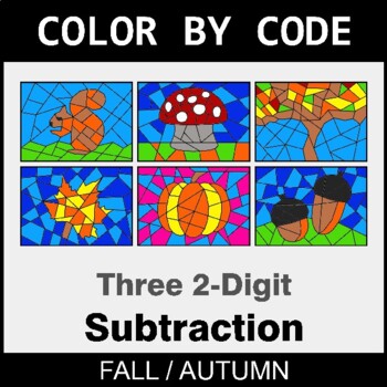 Fall: Three 2-Digit Subtraction - Coloring Worksheets | Color by Code