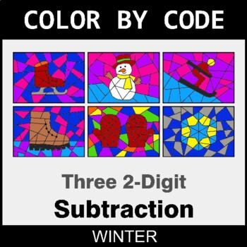 Winter: Three 2-Digit Subtraction - Coloring Worksheets | Color by Code