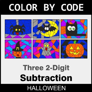 Halloween: Three 2-Digit Subtraction - Coloring Worksheets | Color by Code