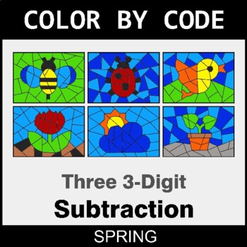 Spring: Three 3-Digit Subtraction - Coloring Worksheets | Color by Code