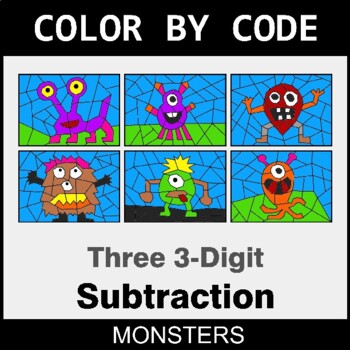 Three 3-Digit Subtraction - Coloring Worksheets | Color by Code