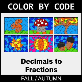 Fall: Converting Decimals to Fractions - Coloring Worksheets | Color by Code