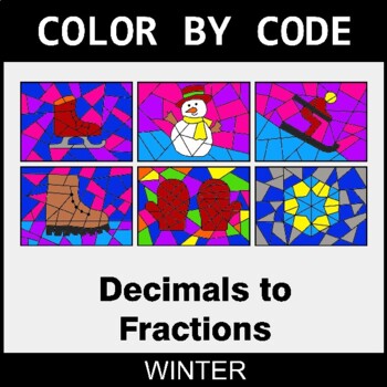 Winter: Converting Decimals to Fractions - Coloring Worksheets | Color by Code