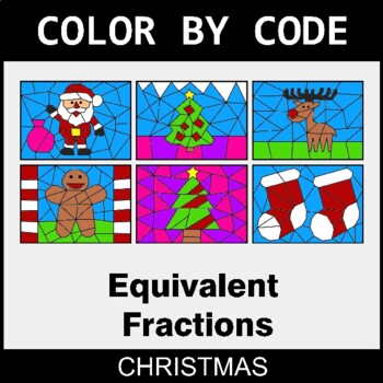 Christmas: Equivalent Fractions: Find the missing numbers - Coloring Worksheets