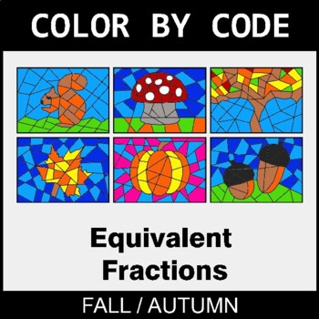 Fall: Equivalent Fractions: Find the missing numbers - Coloring Worksheets
