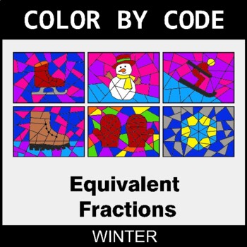 Winter: Equivalent Fractions: Find the missing numbers - Coloring Worksheets