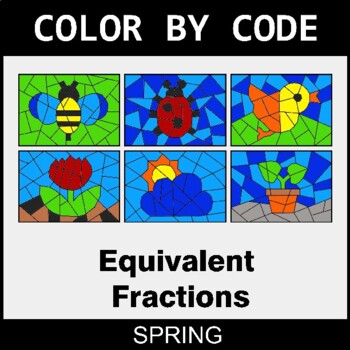 Spring: Equivalent Fractions: Find the missing numbers - Coloring Worksheets