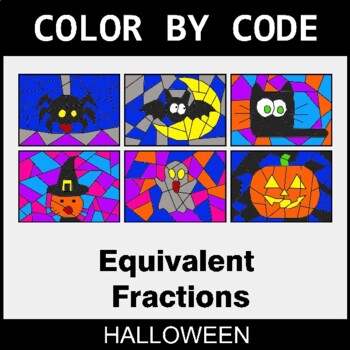 Halloween: Equivalent Fractions: Find the missing numbers - Coloring Worksheets