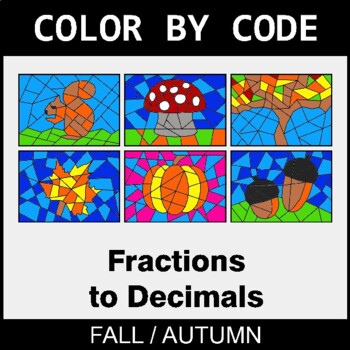 Fall: Converting Fractions to Decimals - Coloring Worksheets | Color by Code