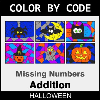 Halloween: Missing Number in Addition - Coloring Worksheets | Color by Code