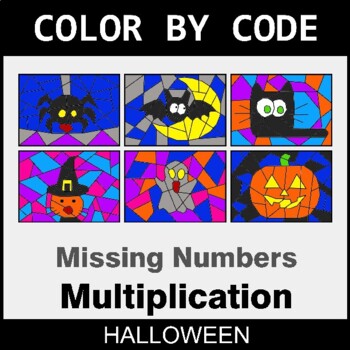 Halloween: Missing Numbers in Multiplication - Coloring Worksheets