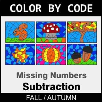 Fall: Missing Number in Subtraction - Coloring Worksheets | Color by Code