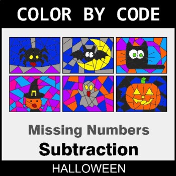 Halloween: Missing Number in Subtraction - Coloring Worksheets | Color by Code
