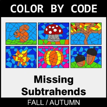 Fall: Missing Subtrahends - Coloring Worksheets | Color by Code