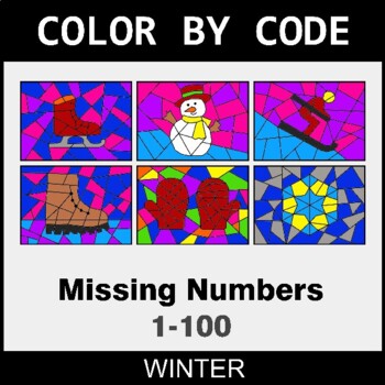 Winter: Find the Missing Numbers (1-100) - Coloring Worksheets | Color by Code