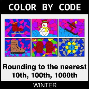 Winter: Rounding to the nearest 10th, 100th, 1000th - Coloring Worksheets