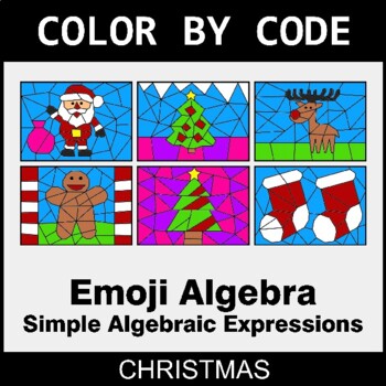Christmas: Emoji Algebra: Simple Algebraic Expressions - Coloring Worksheets