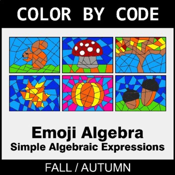 Fall: Emoji Algebra: Simple Algebraic Expressions - Coloring Worksheets