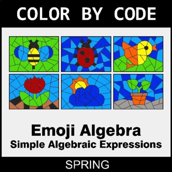 Spring: Emoji Algebra: Simple Algebraic Expressions - Coloring Worksheets