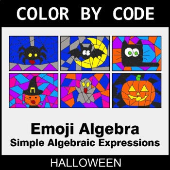 Halloween: Emoji Algebra: Simple Algebraic Expressions - Coloring Worksheets