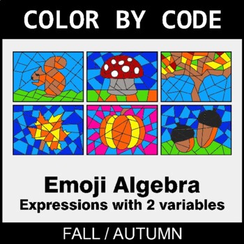 Fall: Emoji Algebra: Expressions with 2 variables - Coloring Worksheets